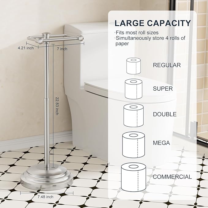 Bathroom Toilet Paper Holder Stand, Brushed Nickel Toilet Paper Holder Free Standing, Stainless Steel Pivoting Toilet Tissue Roll Holder，Adjustable Height (14 to 24 Inch) Paper Holder
