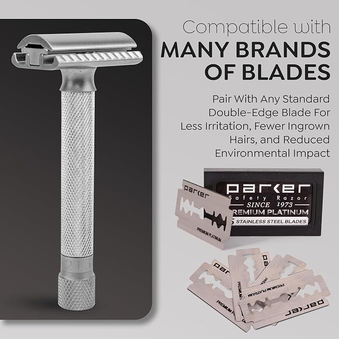 Parker THE VARIANT CLOSED COMB - ADJUSTABLE Double Edge Safety Razor, Customize your Shave with a Turn of the Dial from Mild to Aggressive - 5 Blades Included (SATIN CHROME) | Closed-Comb Head And Five Adjustable Settings Let Users Customize Comfort An...
