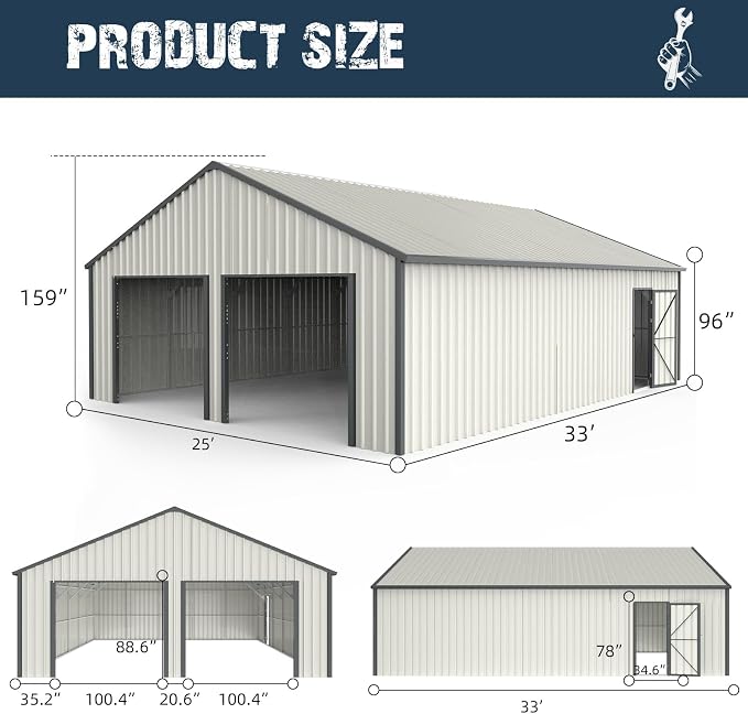 25 x 33 FT Metal Shed, 2 Car Prefab Garage with Side Entry Door, Double Garage Shed with 16 GA Steel Frame, Extra Large Outdoor Storage Building for Truck, Boat, Power Tools, Cream