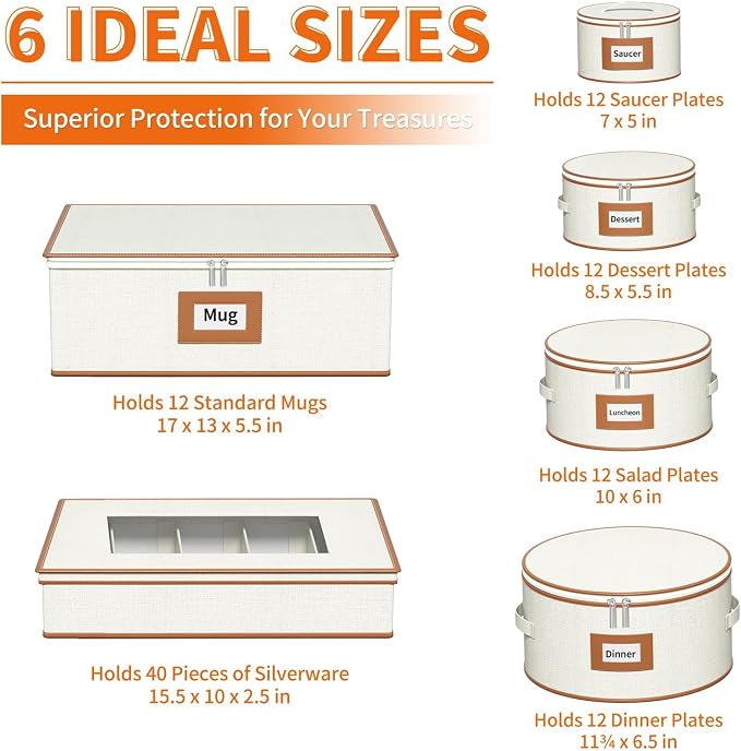 Aokeyee 6-Piece China Storage Containers Set, Hard Shell Moving Boxes for Dishes, Plates, Mugs & Flatware – Dinnerware Organizer with Soft Felt Dividers, Sturdy Handles & Zippers, Ivory