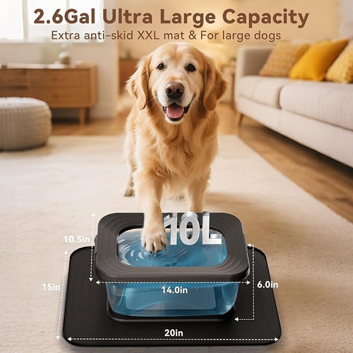 10L No Spill Dog Water Bowl Stainless Steel for Messy Drinkers | Large Capacity Slobber Stopper, Slow Drinking Anti Splash Design, XXL Silicone Mat, For Large Dogs & Multi-pet Homes, Black