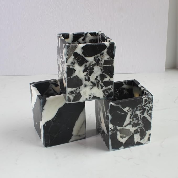 Natural Calacatta Viola Black Marble Square Storage Container for Toothbrush/Makeup Brush/Pens, Countertop Organizer Bathroom