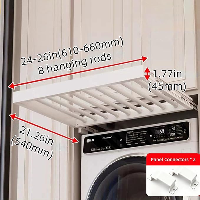 Hidden Pull Out Drying Rack, Extendable Pull Out Trousers Rack, Space Saving, Above Washing Machine Wardrobe, Aluminum Alloy, Soft-Close, Depth 21.26in Width 24-26in White