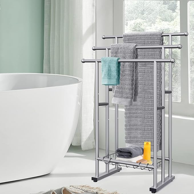 40" Tall Freestanding Towel Racks for Bathroom, 3 Tier Floor Towel Rack with Storage Basket, Blanket Ladder Drying and Display Rack for Large Bath & Hand Towel Outdoor Poolside