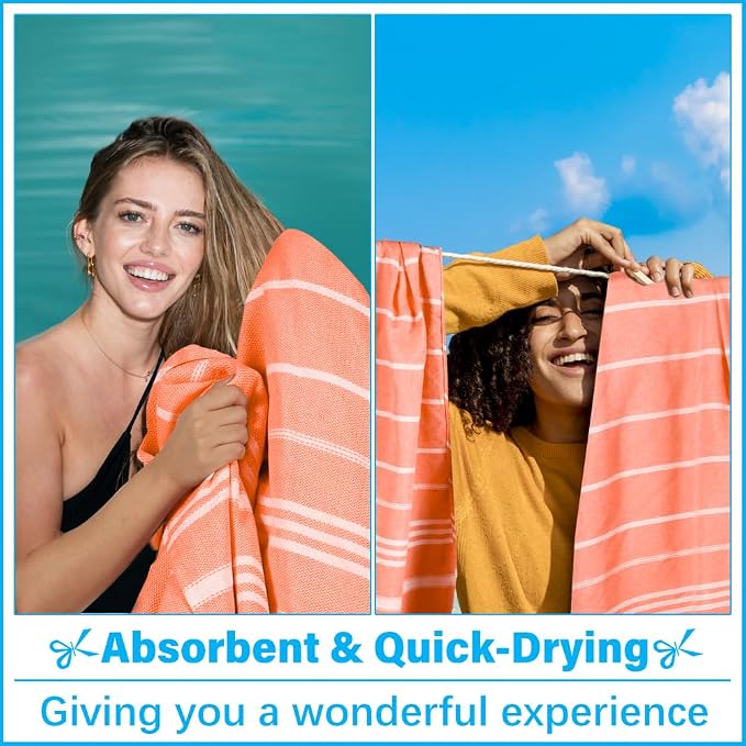 Vikumond Turkish Beach Towel Blanket Oversized 85x75 Inch Quick Dry Coral | Lightweight Compact Portable Sand Free Absorbent Boho Woven Throw for Pool Swimming Picnic Camping Cruise Outdoor Essentials