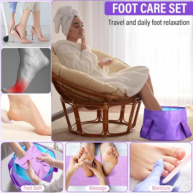 FillTouch 12 Pcs 15L Foldable Foot Soaking Tub Kit Portable Foot Bath Tub for Soaking Feet with Towel and Storage Bag Soak Spa Bucket for Travel Camping (Purple)