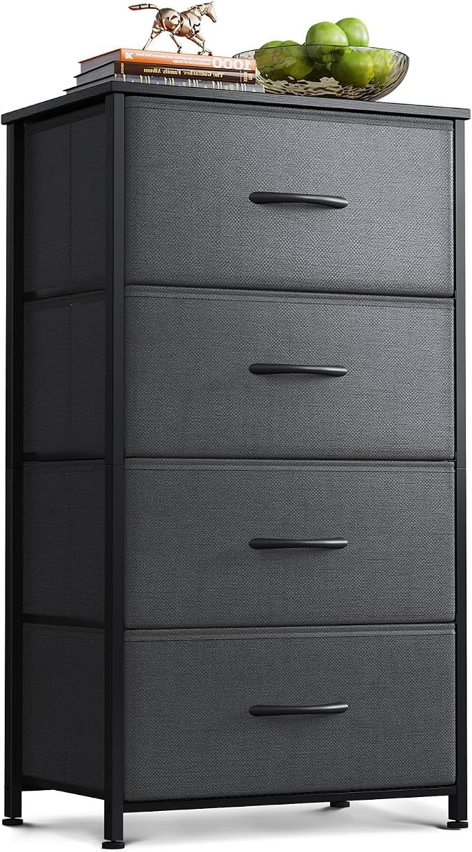 AODK Small Dresser for Bedroom with 4 Storage Drawers, Dark Grey | Dressers Chest of Drawers Fabric Dresser with Sturdy Steel Frame, Dressers for Closet with Wood Top