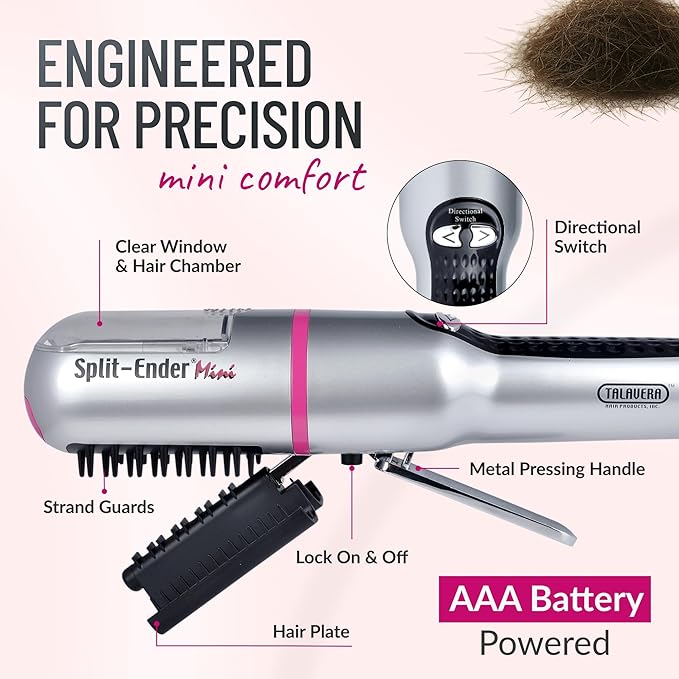Split Ender Mini – Original Cordless Split End Hair Trimmer for Dry, Damaged, Brittle, Broken, Curly, Frizzy, or Straight Hair – Battery Operated (3 AAA) – At Home Hair Care & Styling Tool – Pink
