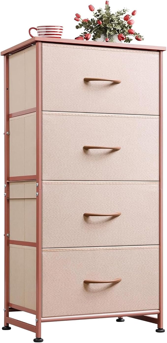 WLIVE Small Dresser Nightstand for Bedroom, 4 Drawers, Pink | 4 vertical fabric drawers, Space-saving tower, Bedroom or closet use, Chest of drawers, Dresser for small spaces