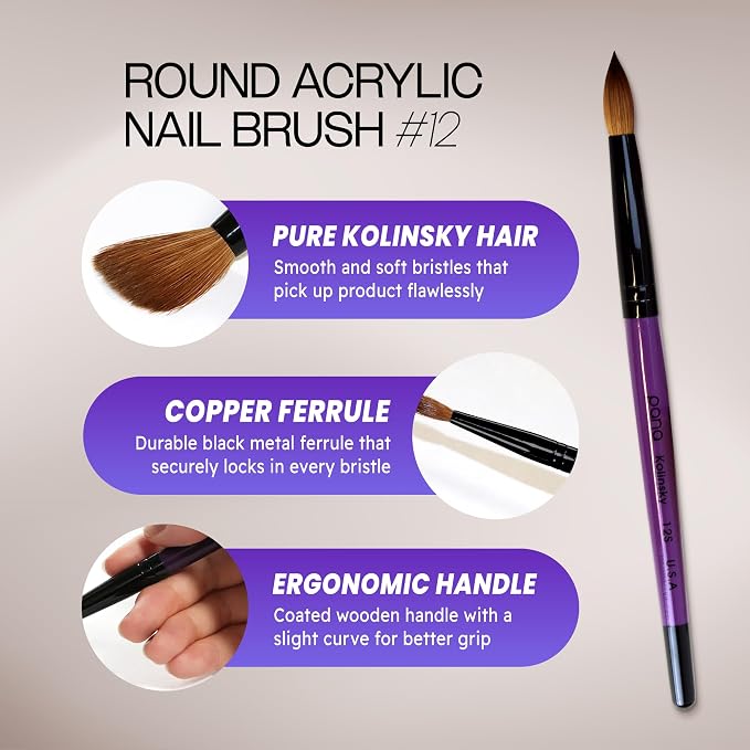 PANA Pure Kolinsky Hair Acrylic Nail Brush - Round Shape Black Ferrule with Purple Wood Handle (Size 12) - for Acrylic Nail Application Nail Extension Manicure Pedicure Salon Beginner and Professional