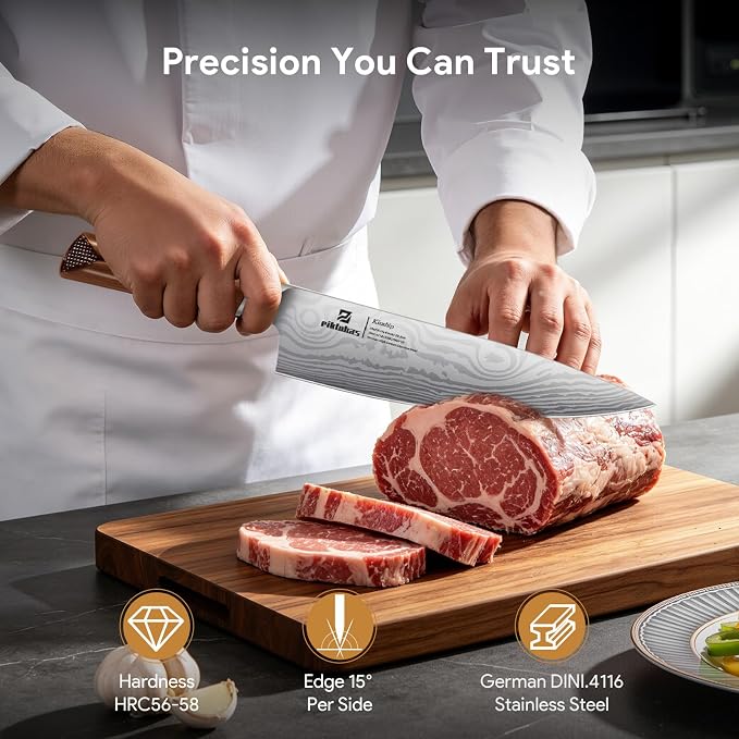 Kitchen Knife Sets With Block, Piklohas 15 Pieces Knife Sets With Magnetic Detachable Knife Holder, High Carbon Steel Damascus Pattern Chef Knife Set With Steak Knives, Ideal For House Warming Gift