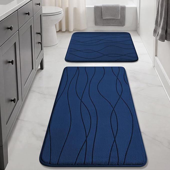 YIHOUSE Bathroom Rugs Set 2 Piece, Memory Foam Bath Mat Navy Blue | 17x24& 20x32, Ultra Soft, Absorbent, Non-Slip, Machine Washable, for Bathroom, Sink and Toilet