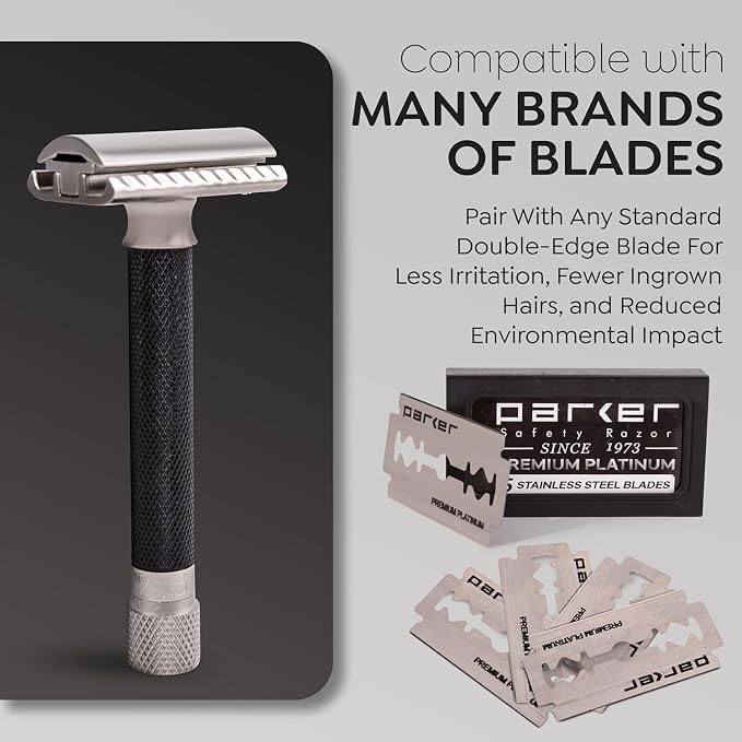 Parker THE VARIANT CLOSED COMB - ADJUSTABLE Double Edge Safety Razor, Customize your Shave with a Turn of the Dial from Mild to Aggressive - 5 Blades Included (GRAPHITE GRAY)
