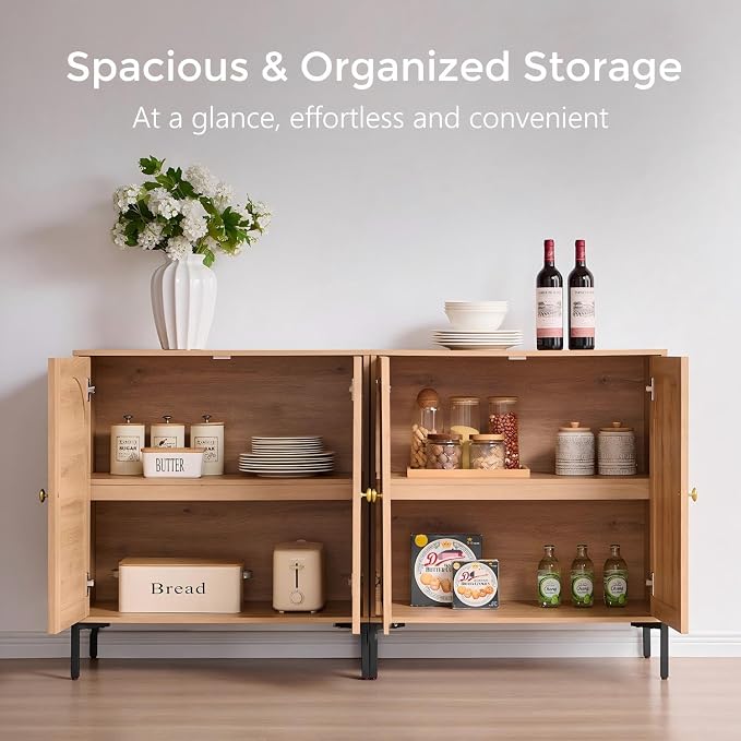 IFGET 92.63" W Modern Arched Sideboard Buffet Cabinet with Storage, Natural | Fluted Arch Sideboard Cabinet w/Adjustable Shelves, Wooden Modular Kitchen Cabinet for Dining& Living Room, Entryway