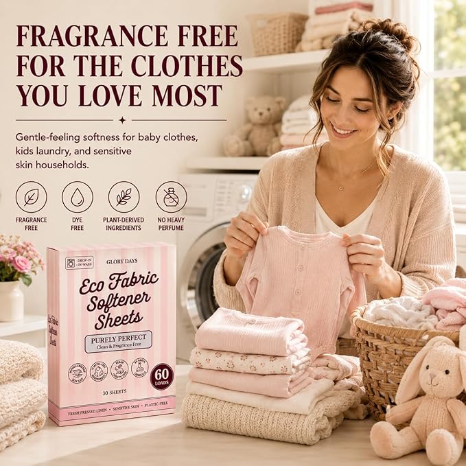 Glory Days Fabric Softener Sheets for Washer — Replaces Liquid Softener, Hypoallergenic, Fragrance Free, Sensitive Skin Safe, Plastic-Free, 60 Loads