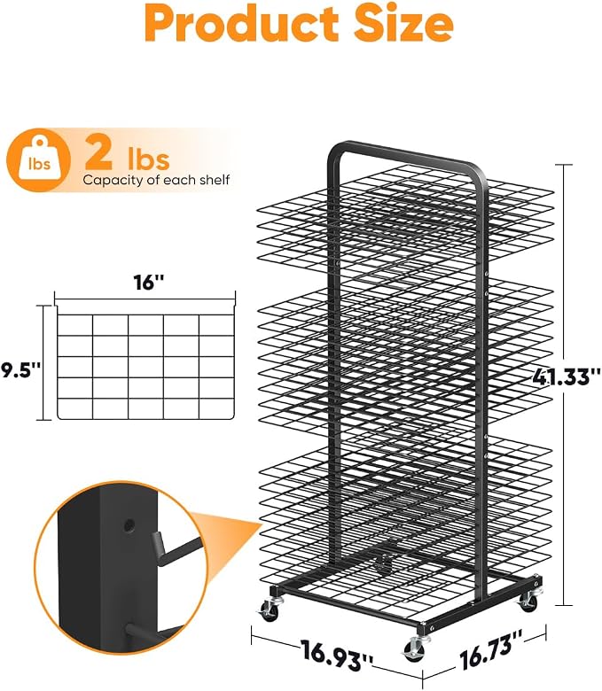 Art Drying Rack with 40 Removable Shelves, Mobile Metal Paint Drying Stand with Lockable Wheels, Functional Canvas Rack Art Storage for Artwork in Classrooms, Art Studios and Schools, Black