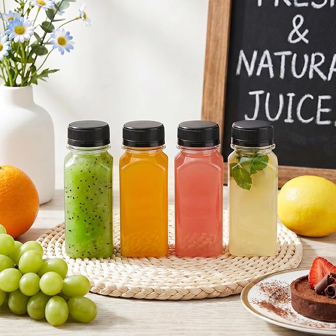 TOMNK 100pcs 2oz Plastic Shot Juice Bottles with Caps, Reusable Clear Bulk Beverage Containers for Ginger Shot, Juice, Milk and Other Beverages