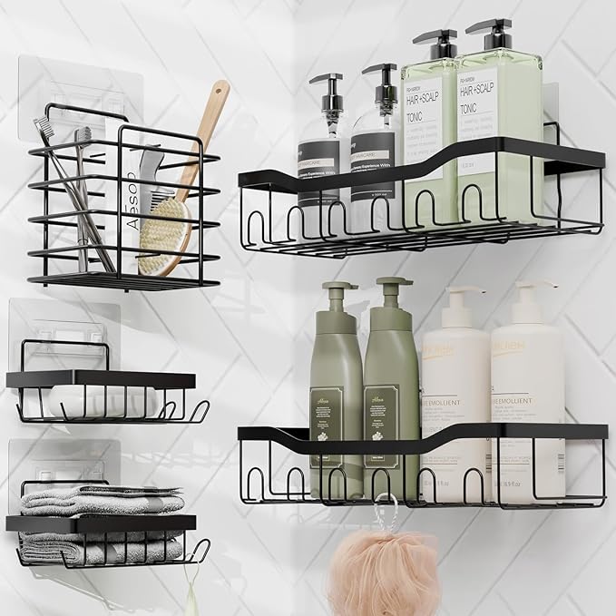 Clara Clark Bathroom Accessories Set - 28PC Bathroom Set with Adhesive Corner Shower Caddy Hanging, Bathroom Sets with Shower Curtain and Rugs, Navy Shower Curtain Set with Bathroom Trash Can