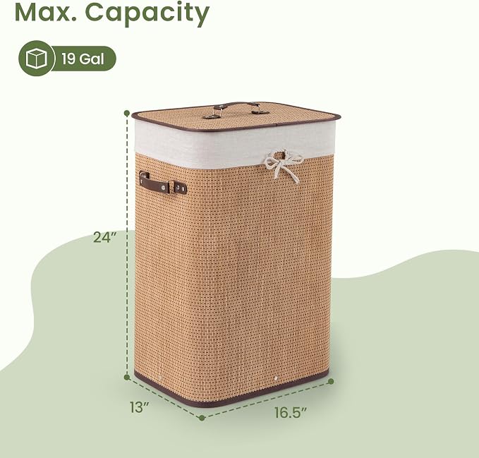 Byroce Bamboo Laundry Basket, Collapsible Laundry Hamper with Lid, Removable Liner & Handles, Dirty Clothes Toys Storage Bin for Laundry Room, Bedroom, Bathroom (Bamboo)