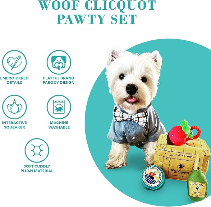 Haute Diggity Dog Woof Clicquot Pawty Set, Plush Designer Dog Toys with Interactive Squeaker, Stimulating Pet Enrichment, Machine-Washable & Safe Materials for All Breeds, One Size