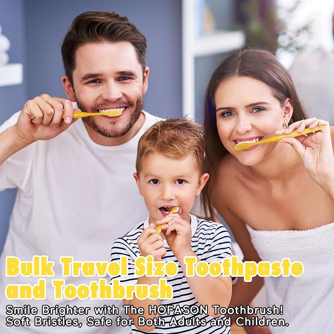 HOFASON Disposable Toothbrushes with Toothpaste Pack of 30, Yellow Hollow Travel Toothbrush Set with 5g Bulk Toothpaste Individually Wrapped for Homeless, Nursing Home, Shelter, Hotel