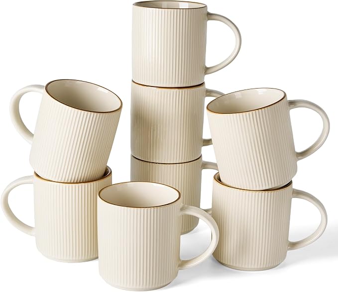 famiware Coffee Mug Set for 8, Star 16 oz Catering Mugs Cup Set with Handle for Coffee, Tea, Cocoa, Milk - Ceramic Stoneware Drinkware Set, White