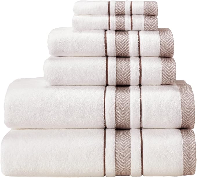 Bath Towels Set for Bathroom – Luxury 6-Piece Cotton Towels, Soft Absorbent & Quick Dry, 600 GSM Bath Towels for Bathroom, Hotel Spa Quality (White/Brown, 6- Bath Towel Set)