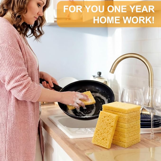 Zhengmy 48 Pieces Sponges Bulk Sponges Kitchen Compressed Sponge Natural Dish Sponge Compressed Wood Pulp Cleaning Without Scratching for Kitchen Bathroom, 3.9 x 2.4 x 0.12 Inch (Yellow)
