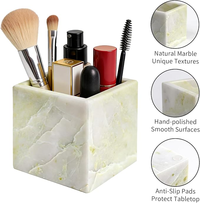 Natural Marble Makeup Brush Holder for Vanity, Toothbrush Holder for Bathroom, Luxurious Countertop Organizer, Green Bathroom Accessories Square