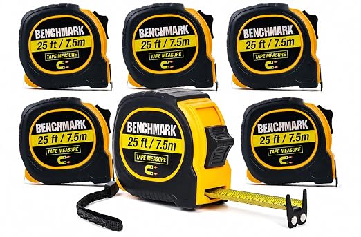 6 Pack - Tape Measures 25 ft / 7.5m – Dual Sided Blade with Easy Read Fractions to 1/8th inch Plus Centimeters on Back Side - Magnetic Tip - Thumb Lock - Belt Clip – Retractable Measuring Tape