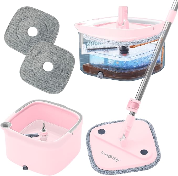 True & Tidy Square Spin Mop & Bucket System, 2 Machine Washable Pads, Rose