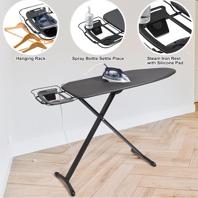 Duwee 17"x46" Ironing Board Full Size,Deluxe Ironing Board with Iron Rest | Heat Resistant Cover and Thicken Felt Pad, Adjustable Height,Heavy Sturdy Legs,Black