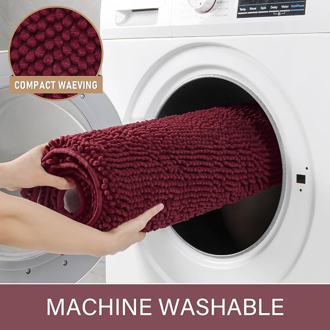 LOCHAS Luxury Bathroom Rug Shaggy Bath Mat 24 x 60 Inch, Burgundy | Washable Non Slip Bath Rugs for Bathroom Shower, Soft Plush Chenille Absorbent Carpets