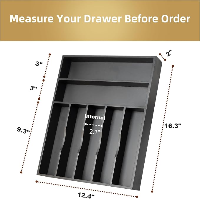 Besilord Silverware Organizer Kitchen Drawer Organizer Utensil Organizer Bamboo Silverware Holder Cutlery Organizer in Drawer Flatware Organizer Tray(7 slots, Black
