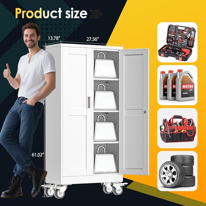 PAOFIN 61''H Metal Garage Storage Cabinet with Wheels,Steel File Cabinets with 2 Doors and 3 Adjustable Shelves for Home Office, Warehouse, Required Assembly,White