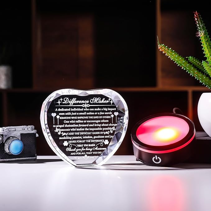 YWHL Difference Maker Plaque Gift with Colorful LED Base Thank You Appreciation Gifts for Coworker Boss Teachers Employee Mentor Leader Crystal Motivational Difference Maker Plaque Gifts for Women Men