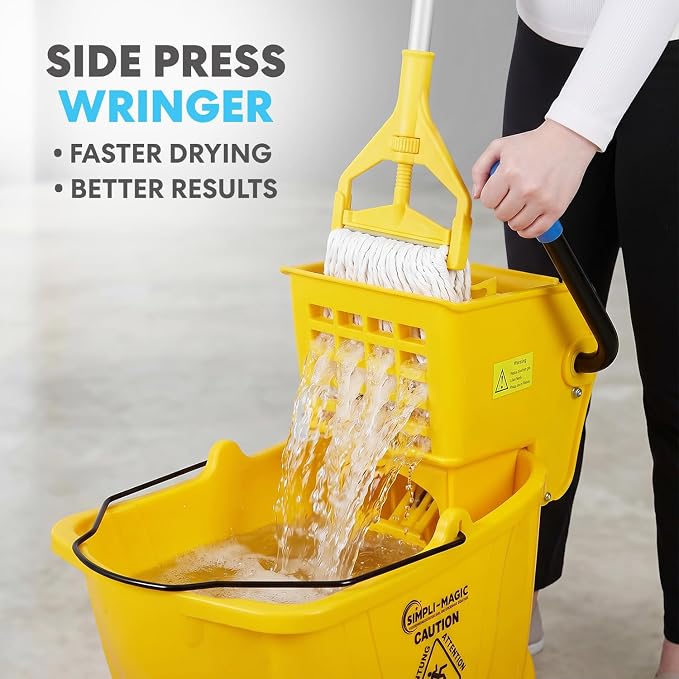 Simpli-Magic Commercial Mop Bucket with Side Press Wringer, 36 Quart, 50,000 Cycles Wringer, Industrial Mop Bucket with Wheels, Yellow, 79538A