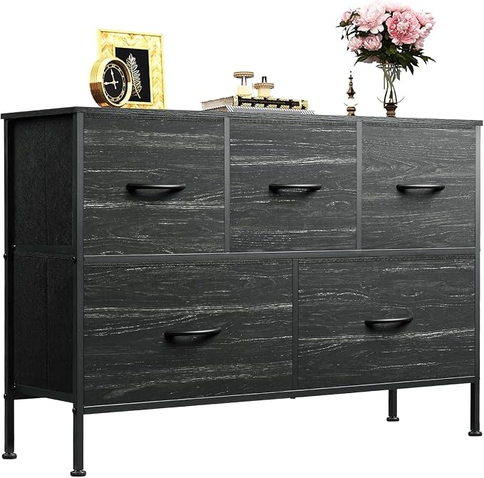 WLIVE 5 Drawer Dresser for Bedroom, Wide Chest of Drawers, Black Wood Grain | 5 roomy fabric drawers, Wide low-profile design, Bedroom or closet use, Sturdy steel frame, Smooth wood tabletop