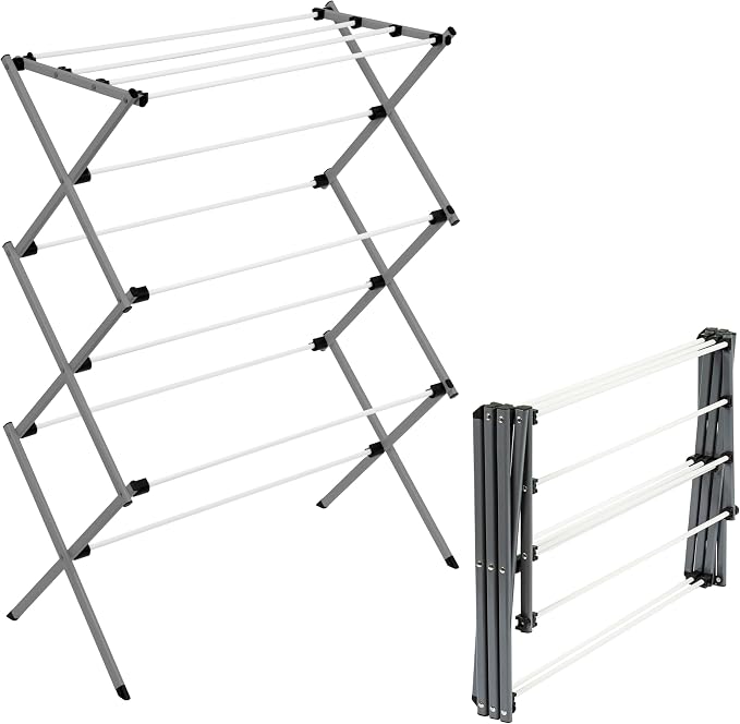 Honey-Can-Do 6-Tier Collapsible Clothes Drying Rack, 30", White | Accordion frame opens to 6 tiers with 24 ft of drying space, then folds flat to 3 in. Rust-resistant coated steel.