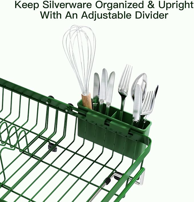 Green Dish Drying Rack Over The Sink with Utensil Holder | Expandable Stainless Steel Dish Drainer for Small Kitchen, Apartment, RV, Counter Space Saving, Perfect Fit, Rustproof
