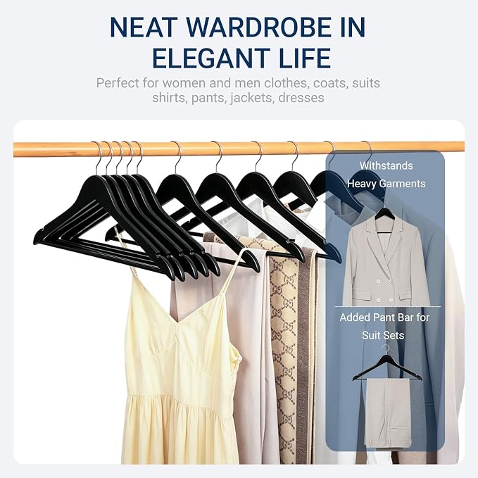 Amber Home 30 Pack Wooden Coat Hangers, Black Wood Suit Hangers with Non-Slip Pant Bar, Clothes Hangers for Closet Organization, Shirts, Jackets, Dresses, and Pants (Black, 30)