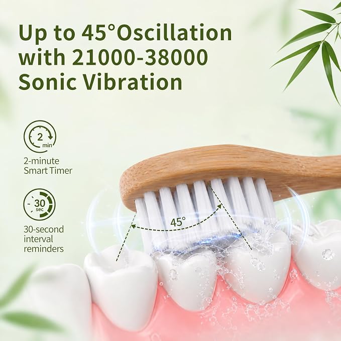 Ultrasonic Oscillating Electric Toothbrush with Bamboo Heads | Wave Bamboo Electric Toothbrush with Smart Timer, Sweeping & Vibrating, 4 Modes, IPX7 Waterproof, 90-Day Battery Life