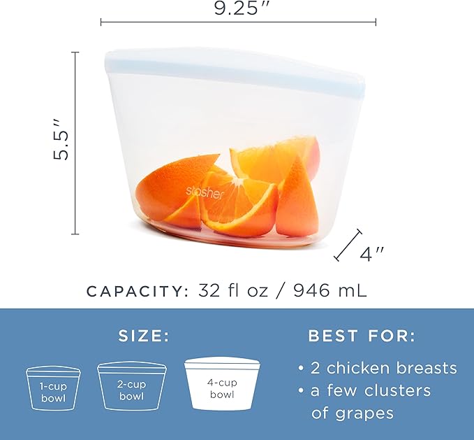 Stasher Premium Reusable Silicone Leak-Free Food Storage Bowl, Clear, 4-Cup | Food-Safe Silicone, Freezer, Sous Vide, Microwave, Dishwasher, Oven Safe, Meal Prep, Lunch Container, BPA-Free, Eco-Friendly