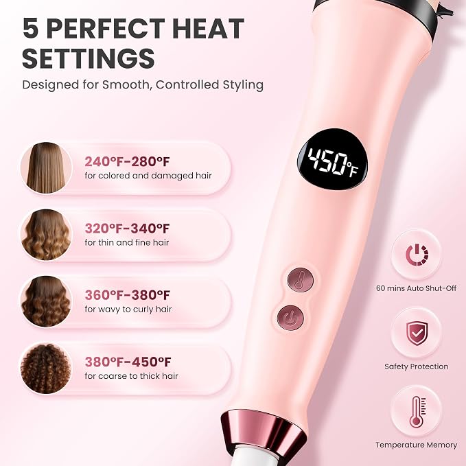 Thermal Brush, Infrared Heated Round Brush with 100M Negative Ions, Hot Brush for Volume, Curling & Straightening, 5 Heat Settings, Dual Voltage Hair Styler, Anti-Frizz Shine, All Hair Types-Pink