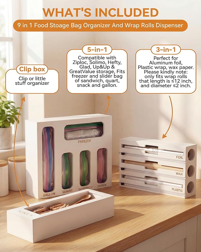 Bamboo Foil and Plastic Wrap Organizer for Kitchen Drawer, 9 in 1 Plastic Bag Organizer Organization and Storage, Food Storage Bag Organizer with Labels for Quart Gallon Snack (White)