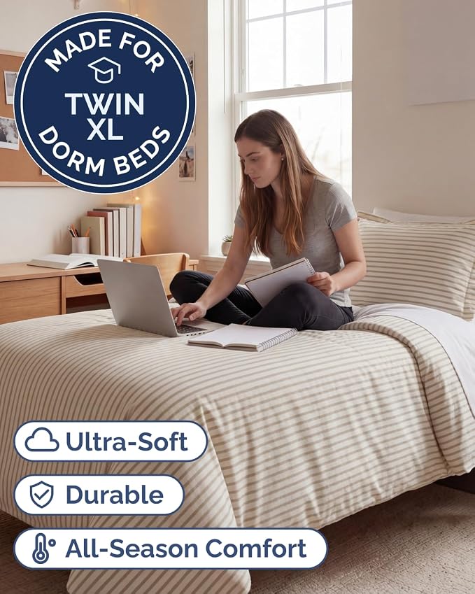 Duvet Cover Twin/Twin XL Size Set - Extra Soft Twin/Twin XL Duvet Cover 68" x 90" with 1 Pillow Sham for Women, Men, Kids & Teens - Easy-Care & Fade Free with Zipper Closures & Ties (Beige Stripes)