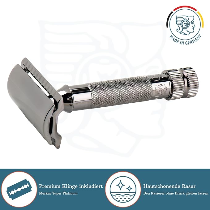 MERKUR 34 2-Piece Double-Edge Safety Razor for Men in Metallic Grey Finish with Standard Handle and Closed Comb — Made in Germany, Plastic-Free