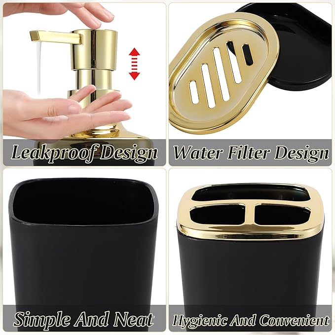 XLHOMO Bathroom Accessories Set, 10 Pieces Black and Gold Bathroom Set, Bathroom Accessory Set with Slim Trash Can,Soap Dispenser,Toilet Brush,Toothbrush Set, Qtip Holders for Housewarming