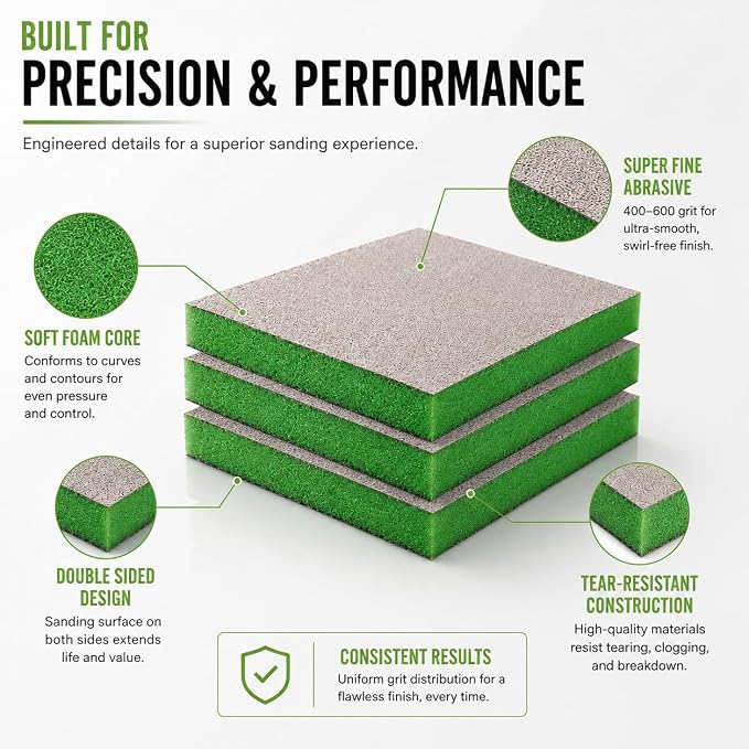 Indasa Rhyno Double Sided Sanding Sponge Pads – Aluminum Oxide, 4.75" x 3.75" x 1/2" – Flexible Foam Sanding Block (100 Pack) (Green (400–600 Grit))