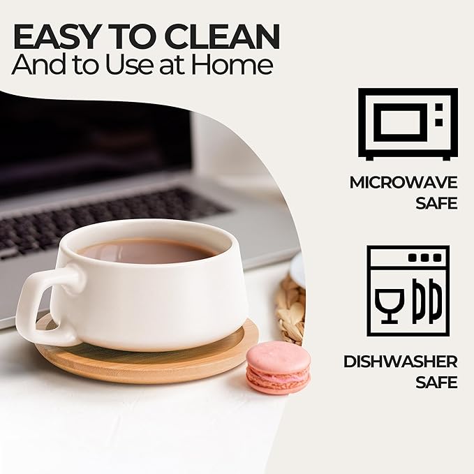 MIAMIO - Cappuccino Cup Set of 4, Ceramic, Wide (9.5oz) - Luxe (White) | Ceramic cappuccino cups and saucers, wide latte cups and mugs for Americano, 4-piece set of ceramic cups, dishwasher safe